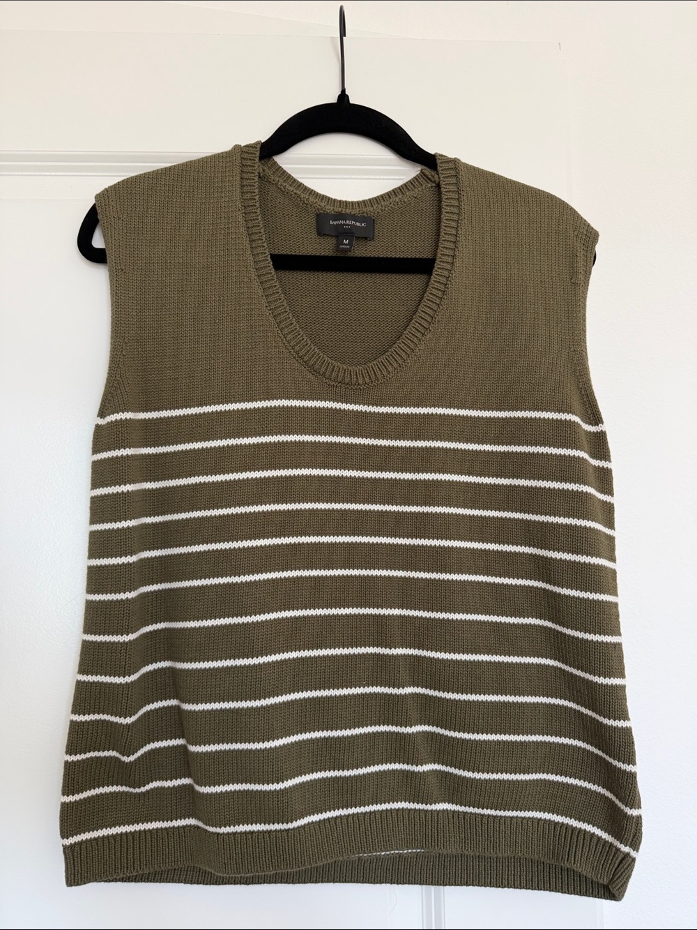 Banana Republic Olive Green & White Striped V-Neck Knit Tank